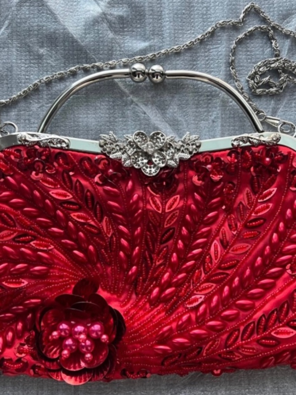 Evening Sequin & Beads Clutch/Shoulder Bag Hand Bag Red